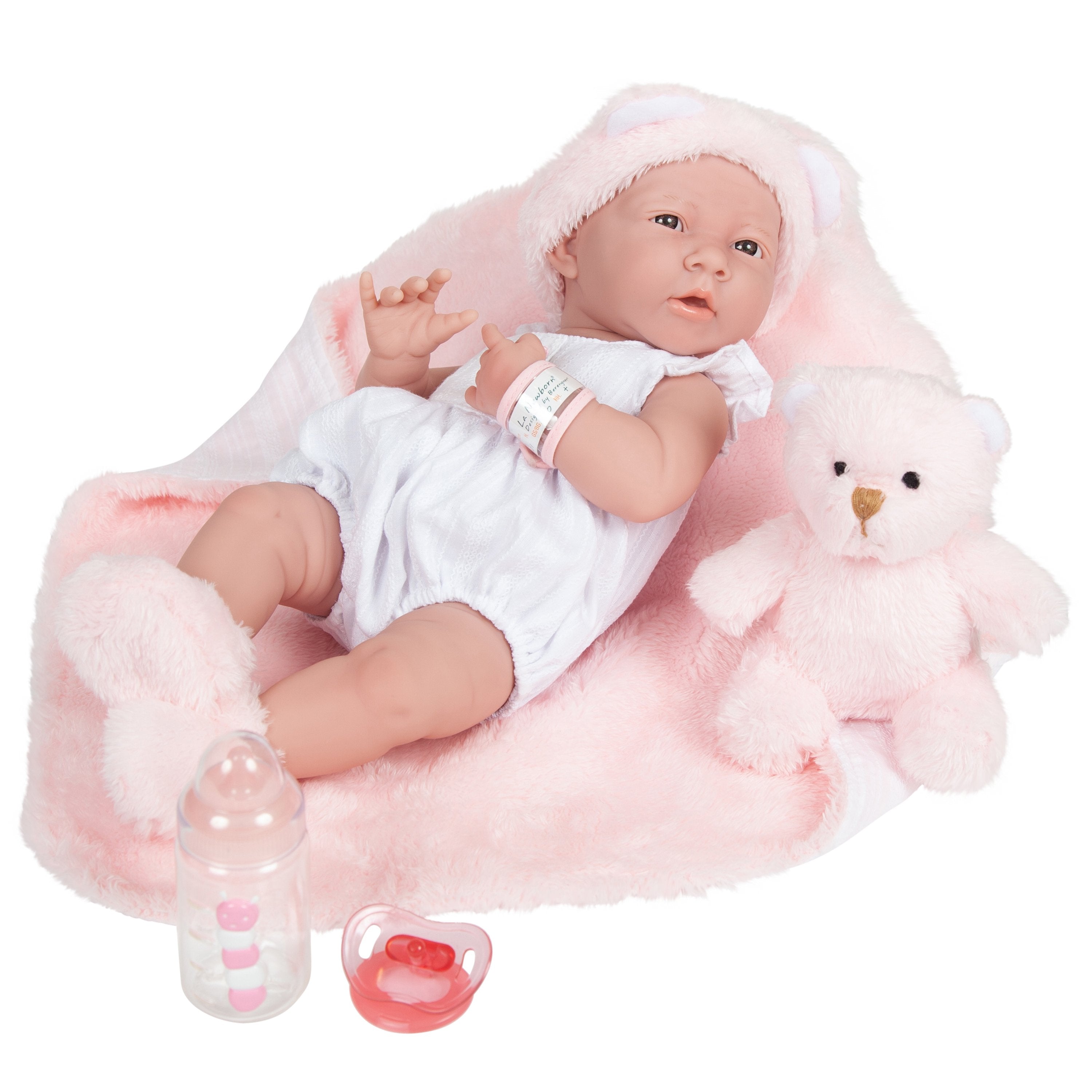 Original Handcrafted in Spain La Newborn Baby Doll in White with Teddy Bear and Accessories