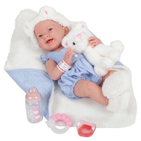 Original Handcrafted in Spain La Newborn All-Vinyl Real Girl Baby Doll Blue Coat Deluxe Set