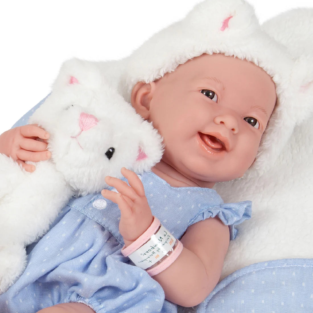 Original Handcrafted in Spain La Newborn All-Vinyl Real Girl Baby Doll Blue Coat Deluxe Set