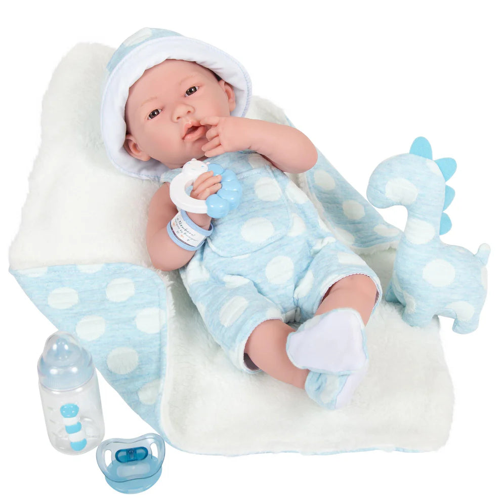 Original Handcrafted in Spain La Newborn Baby Doll in Blue with Dinosaur and Accessories