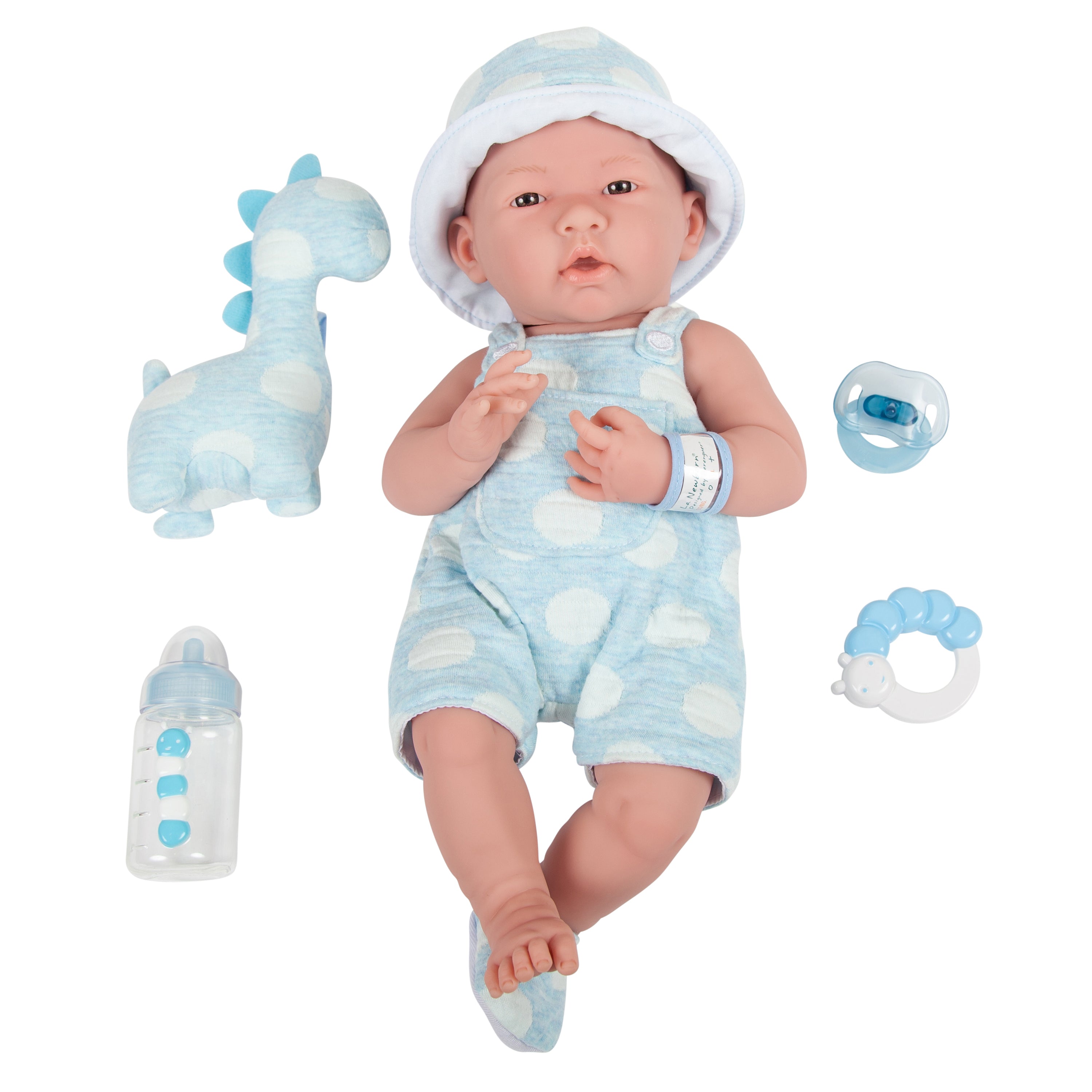 All-Vinyl La Newborn Doll in Blue Onesie/Dinosaur Theme w/ Pet & Accessories - Dolls and Accessories