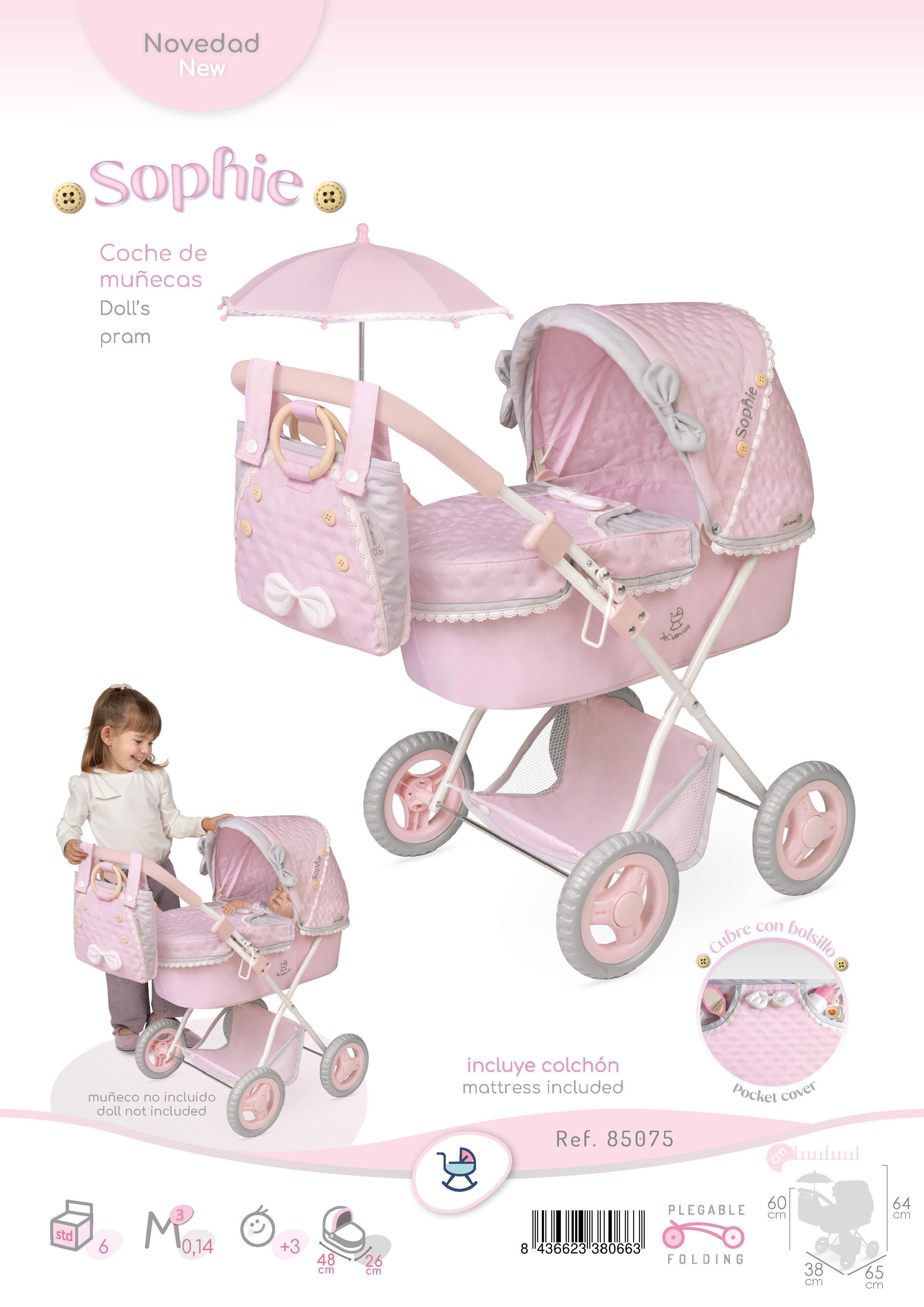 DeCuevas Toys Sophie Foldable Doll Pram with Parasol