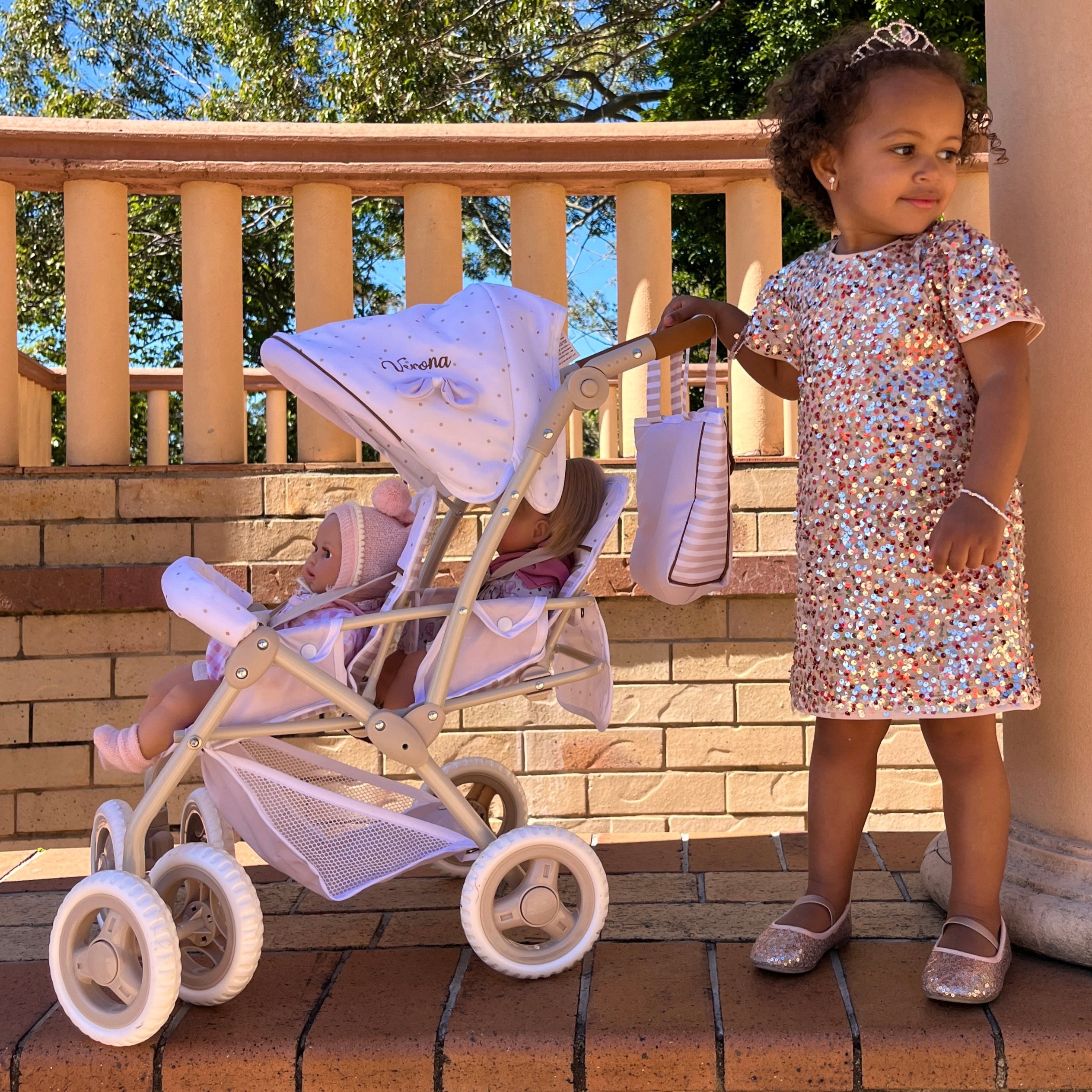 DeCuevas Toys Verona Folding Twin Doll Pram with Bag