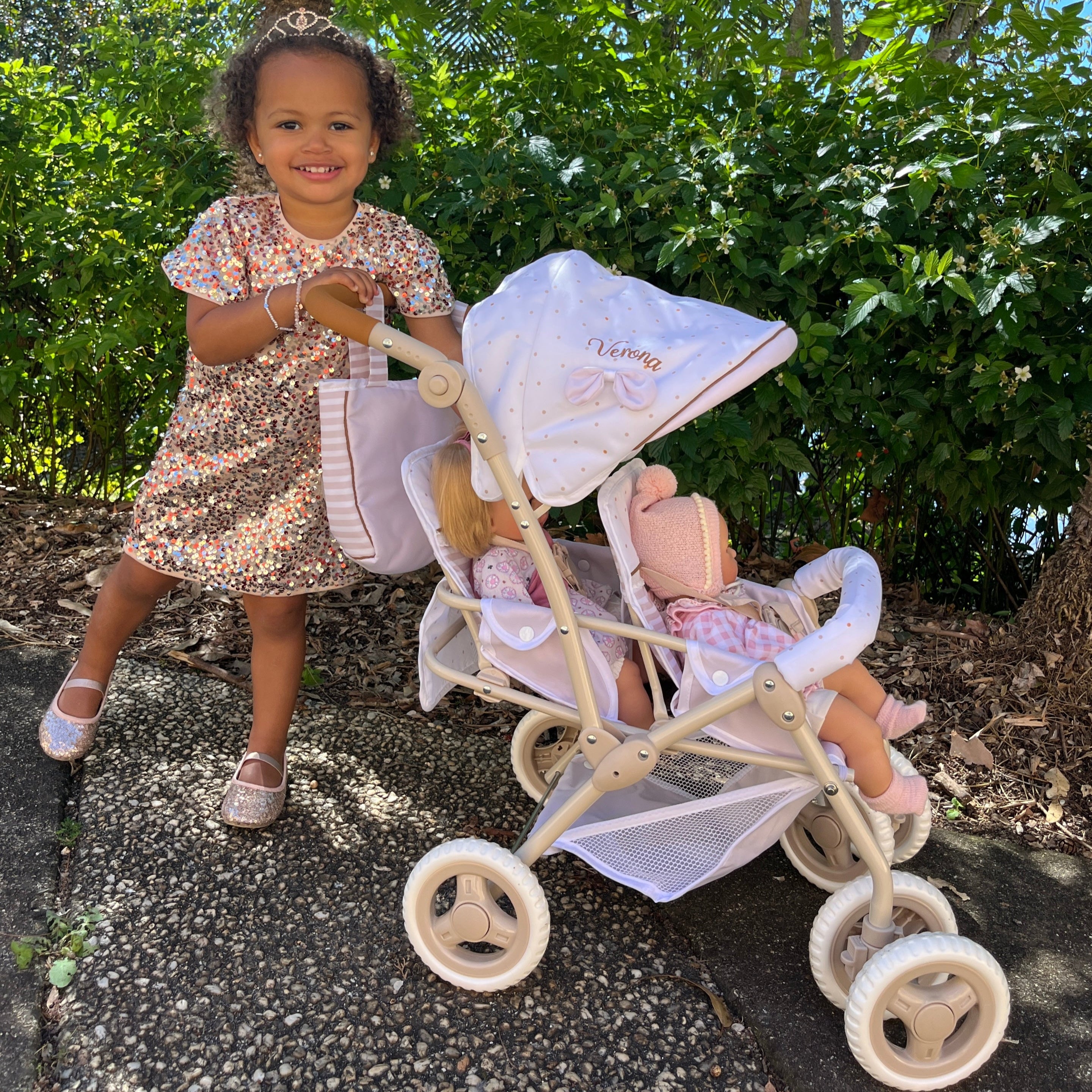 DeCuevas Toys Verona Folding Twin Doll Pram with Bag