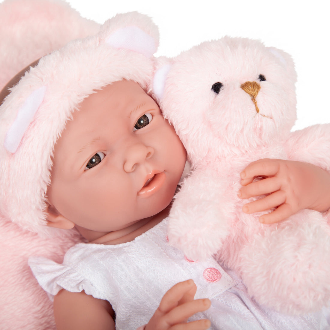 Original Handcrafted in Spain La Newborn Baby Doll in White with Teddy Bear and Accessories