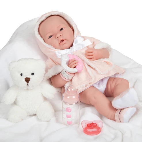 Original Handcrafted in Spain La Newborn Doll in Pink Coat and Outfit with Teddy Bear