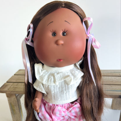 Handcrafted Collectible Mia Pink Vichy African Doll by Nines D&