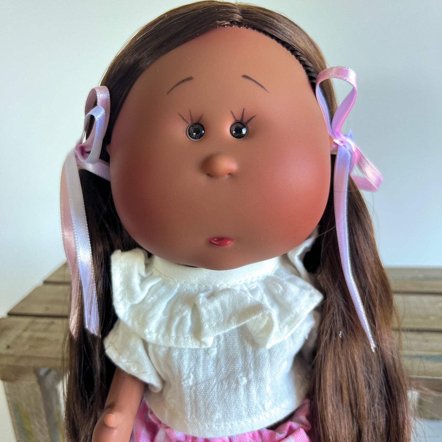 Handcrafted Collectible Mia Pink Vichy African Doll by Nines D&