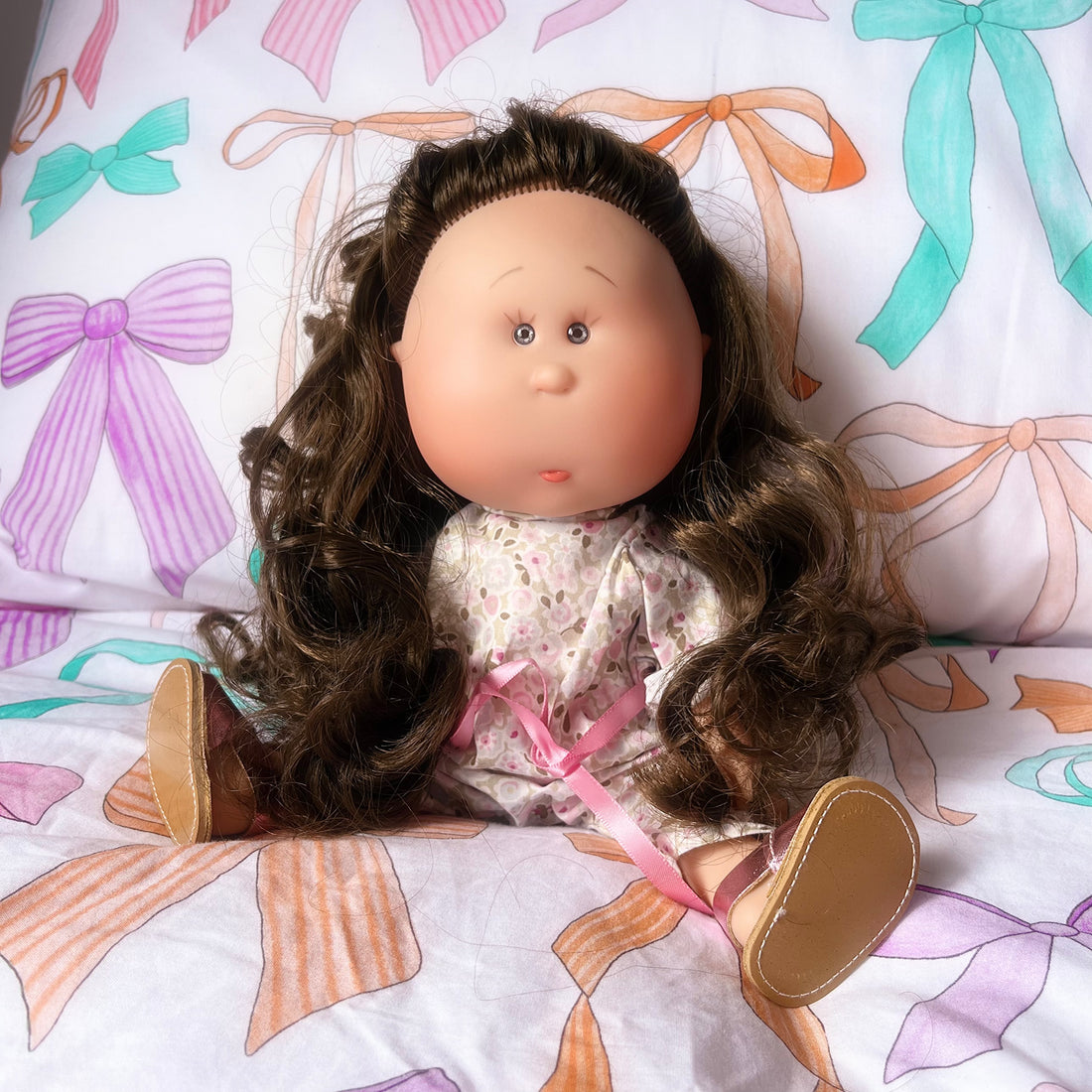 Handcrafted Collectible Mia Romper Flower Bouquet Wavy Brunette Hair by Nines D&