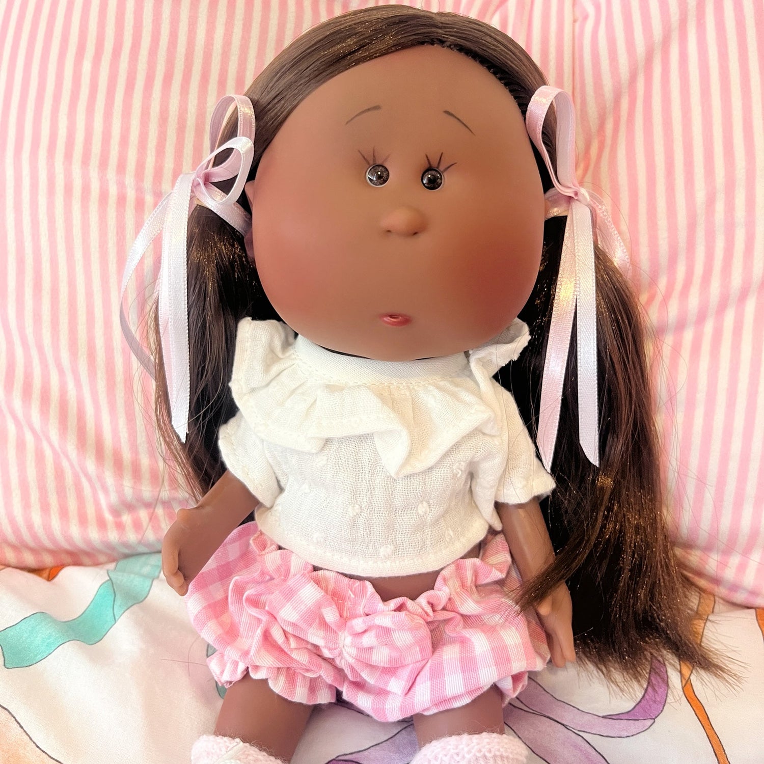 Handcrafted Collectible Mia Pink Vichy African Doll by Nines D&