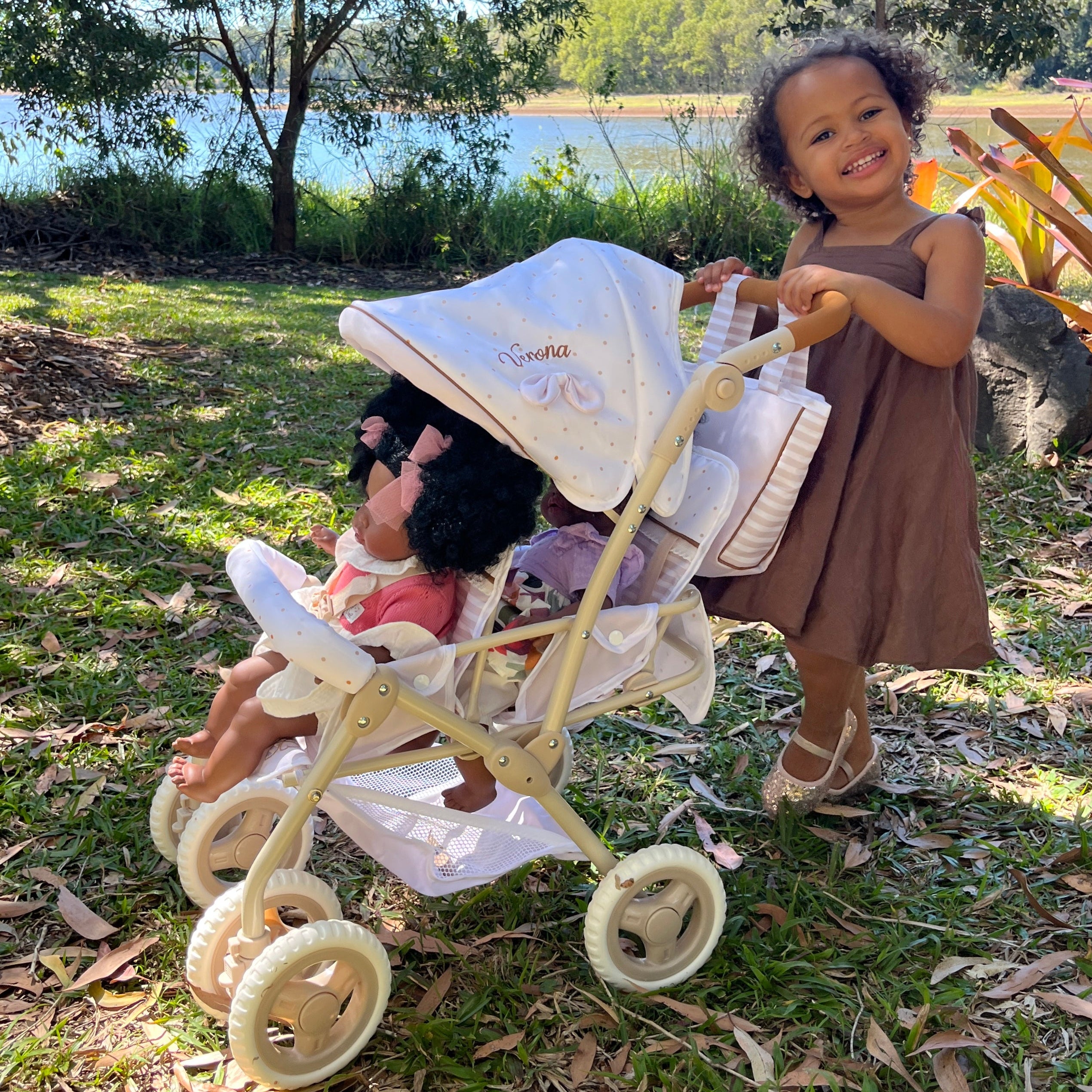 DeCuevas Toys Verona Folding Twin Doll Pram with Bag